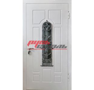дверь из стали в загородный дом с ковкой и стеклом, отделка белый МДФ